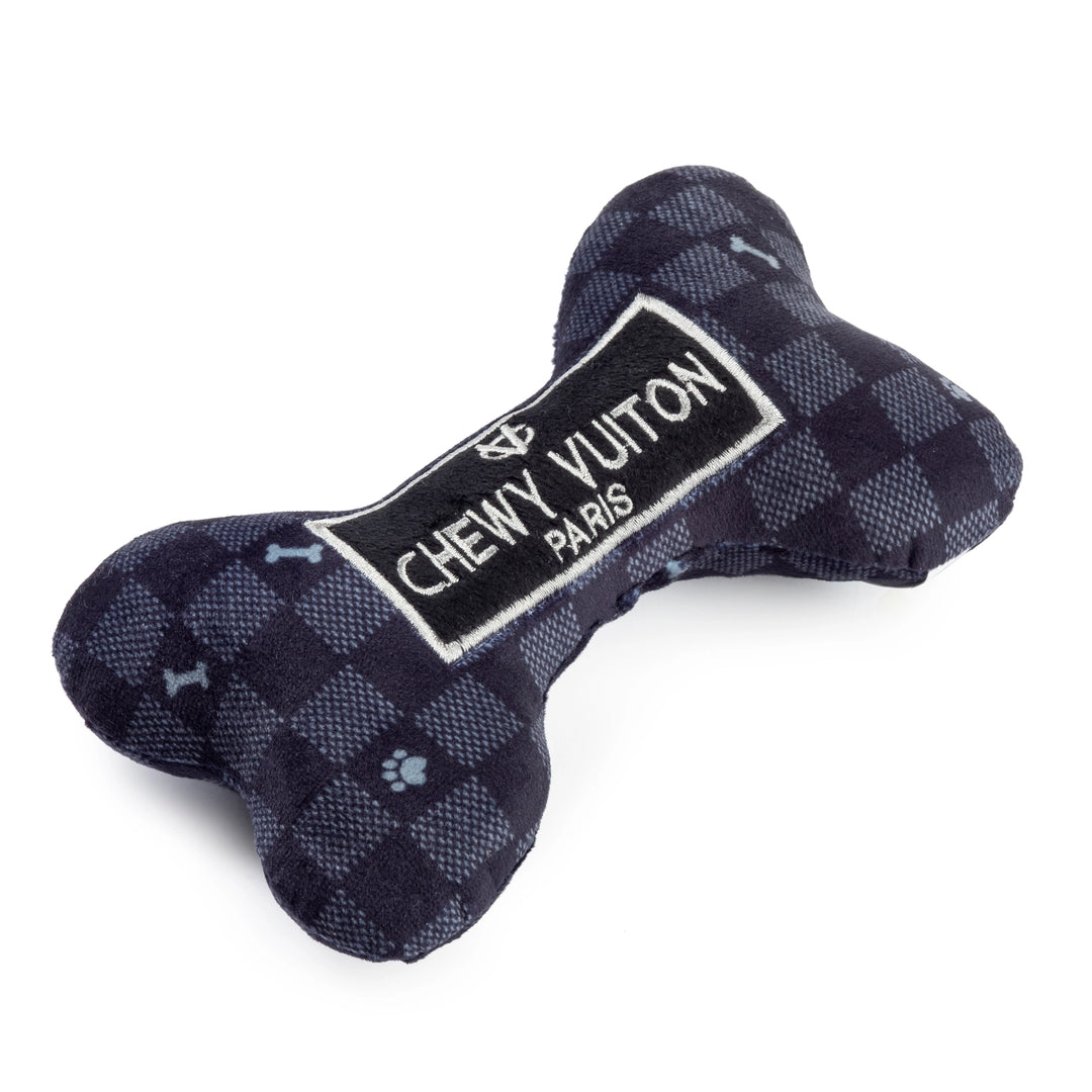 Designová plyšová kost Chewy Vuiton – černý vzor, pískací