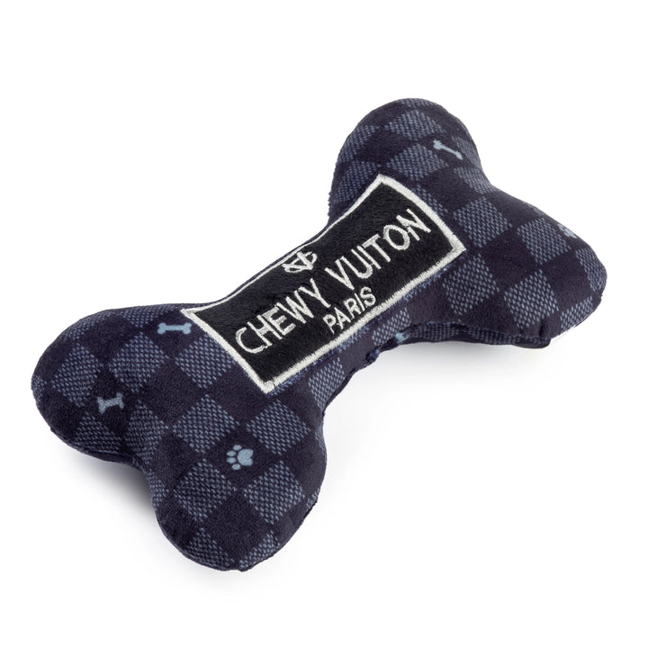 Designová plyšová kost Chewy Vuiton – černý vzor, pískací