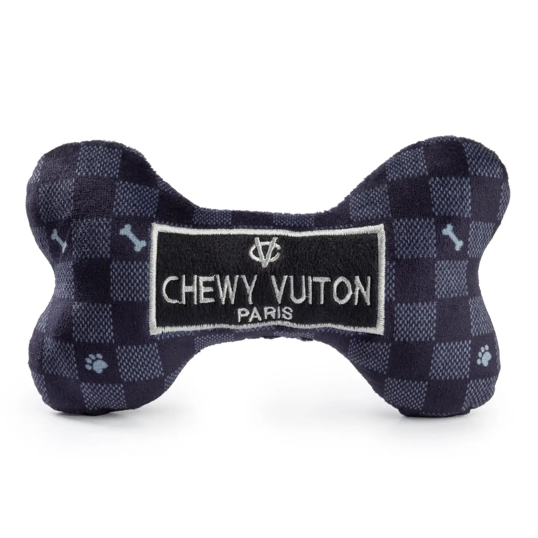 Designová plyšová kost Chewy Vuiton – černý vzor, pískací