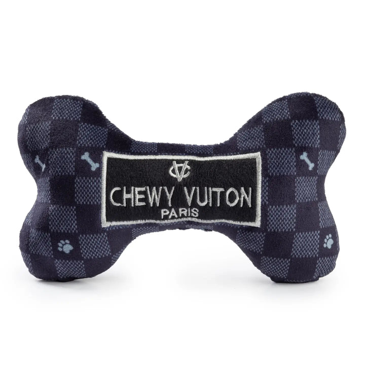 Designová plyšová kost Chewy Vuiton – černý vzor, pískací