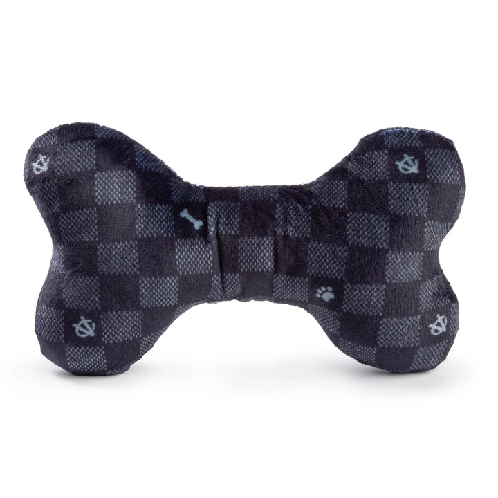 Designová plyšová kost Chewy Vuiton – černý vzor, pískací