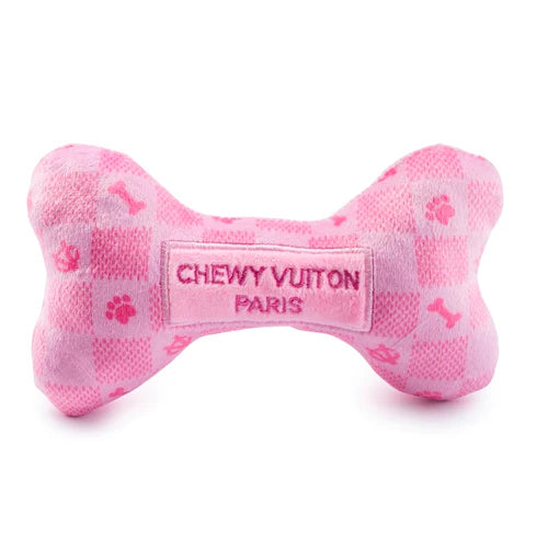 Růžová kost Chewy Vuiton Checker – plyšová hračka pro psy s pískátkem