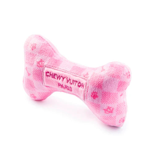 Růžová kost Chewy Vuiton Checker – plyšová hračka pro psy s pískátkem