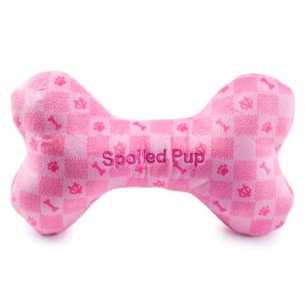 Růžová kost Chewy Vuiton Checker – plyšová hračka pro psy s pískátkem