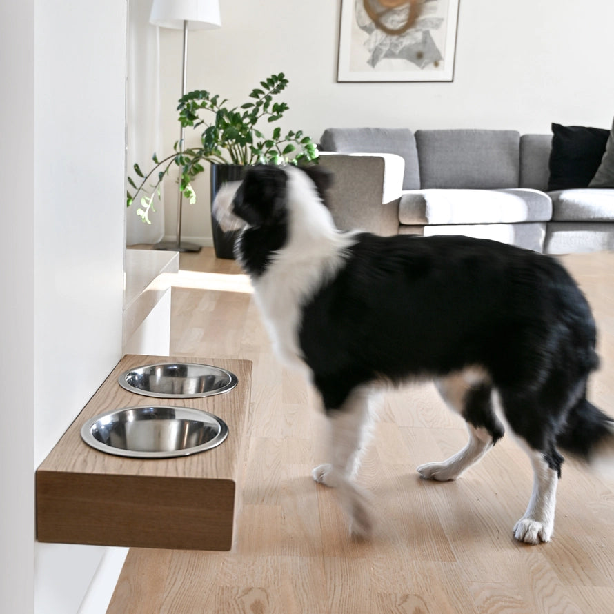 Nástěnný stojan na misky pro psy – dřevo (800 ml)