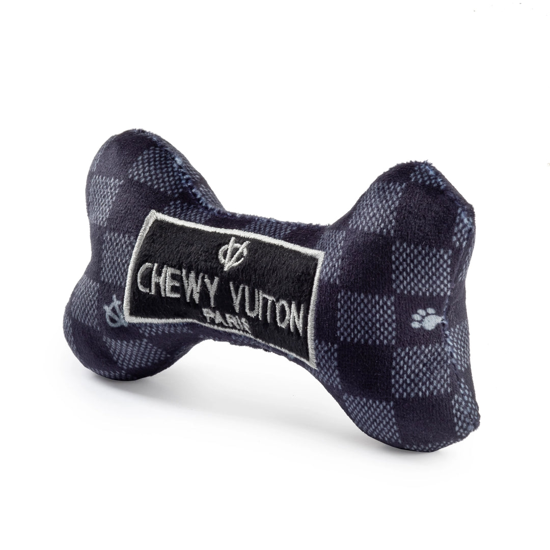 Designová plyšová kost Chewy Vuiton – černý vzor, pískací