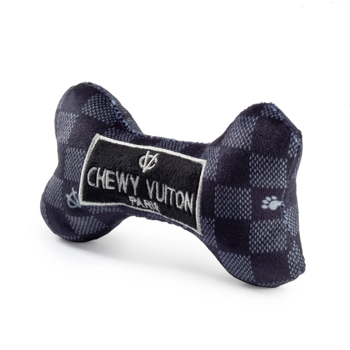 Designová plyšová kost Chewy Vuiton – černý vzor, pískací