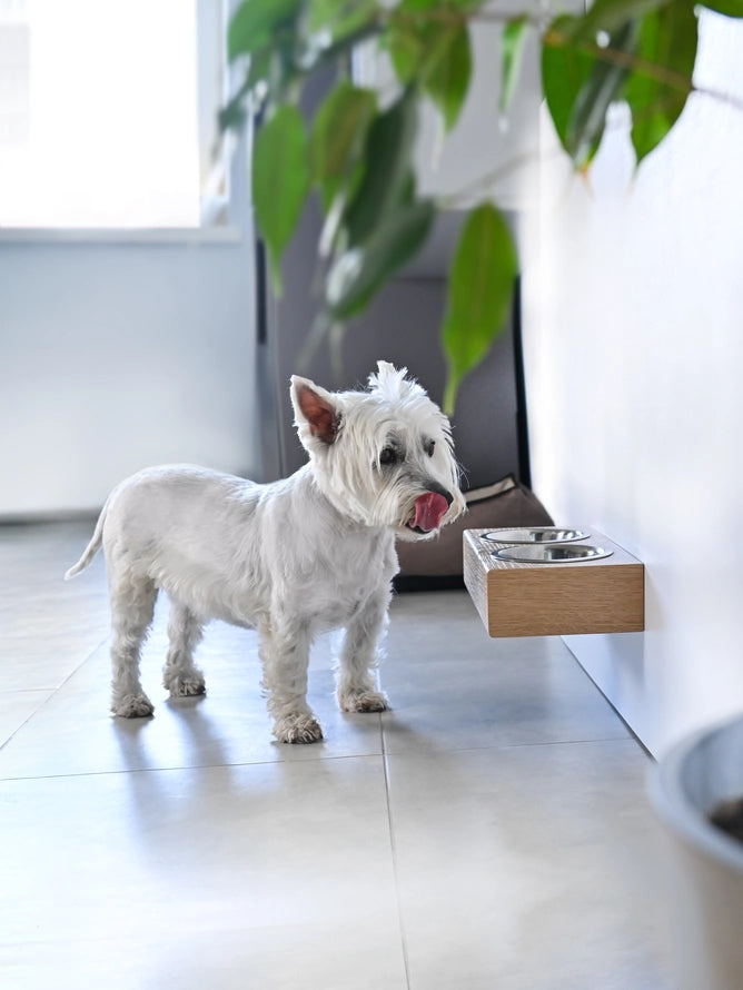 Nástěnný stojan na misky pro psy a kočky – dub